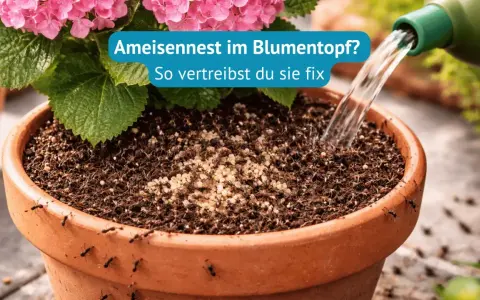 Ameisen im Blumentopf! Viele kleine Ameisen krabbeln auf der Erde und am Rand eines Terrakotta-Topfes. Wasser wird aus einer grünen Gießkanne gegossen.