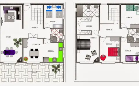Plano casa feng shui ideal: salón, comedor, cocina, 5 dormitorios, 3 baños, vestidor y porche.