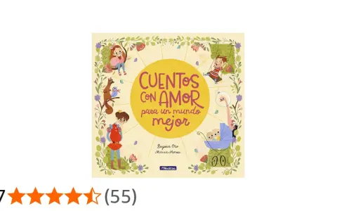 Ilustración de un libro titulado "Cuentos con amor para un mundo mejor", con niños, un príncipe y animales en un entorno floral.