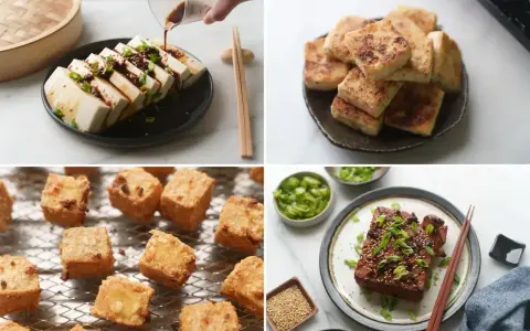 Różne sposoby przygotowania tofu: pokrojone w plastry z sosem, smażone kostki, pieczone kawałki i grillowany blok. Tofu co to? Wszechstronny składnik!