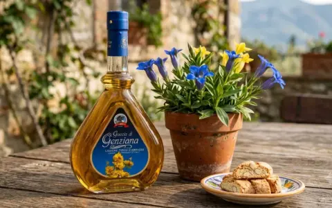 Liquore Genziana Abruzzo, con fiori blu e gialli, biscotti e sfondo di pietra.