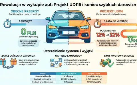 Porównanie przepisów: darowizna samochodu a sprzedaż. Obecnie 6 miesięcy i 0 PLN podatku, projekt UD116 to 3 lata i PIT 12-32%.
