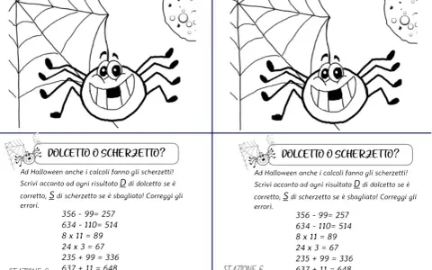 Problemi di Halloween classe quinta: un ragno sorridente invita a correggere calcoli, scegliendo tra "dolcetto" (corretto) e "scherzetto" (sbagliato).