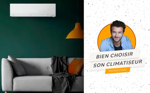 Un homme souriant, un climatiseur et un canapé. Le **seer scop** de cette image est de présenter comment bien choisir son climatiseur.