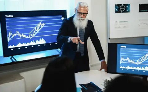 Starszy mężczyzna z brodą analizuje wykresy, omawiając strategię inwestycyjną. Sony akcje rosną!