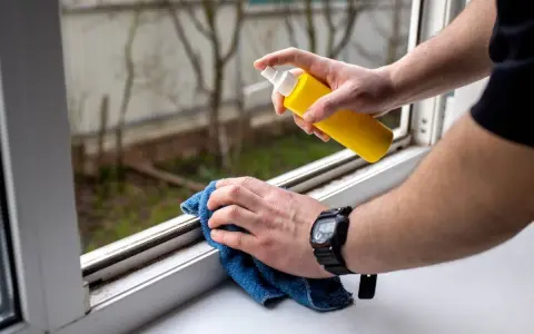 Persona rocía un limpiador en un marco de ventana sucio y usa un paño azul para limpiar moho y suciedad.