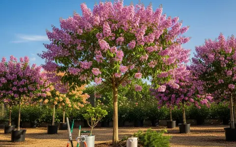 Arrosage de lilas des Indes en pleine floraison. Des outils de jardinage sont prêts pour l'entretien.