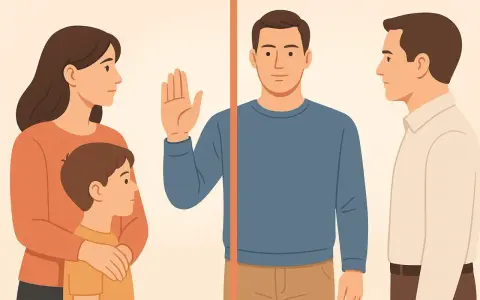 Rodzina z dzieckiem po lewej, mężczyzna z podniesioną dłonią pośrodku, mężczyzna po prawej. Ilustracja o tym, jak reagować na niewygodne pytania ciotek i rodziny przy stole.