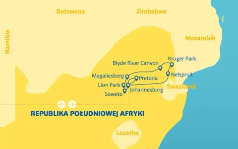 Mapa turystyczna Republiki Południowej Afryki z zaznaczonymi atrakcjami i trasą. Idealna na podróż, by poznać rpa pogoda i krajobrazy.