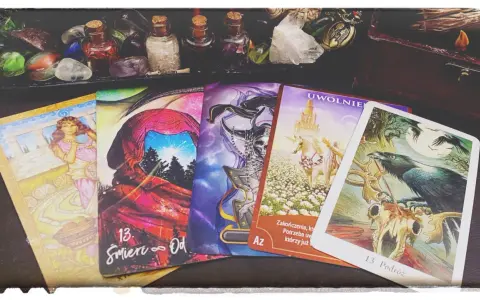 Tarot karta śmierci, numer 13, symbolizuje koniec i nowy początek. Obok niej inne karty i magiczne przedmioty.