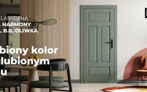 Klasyczna, oliwkowa porta Harmony B.0 z czarną klamką, idealnie wpasowana w nowoczesne wnętrze.