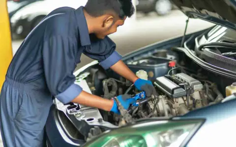 Mechaniker arbeitet am Motor. Er prüft die Kraftstoffpumpe, um die Kraftstoffpumpe Kosten zu ermitteln.