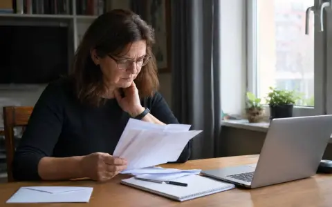 Kobieta analizuje dokumenty, być może dotyczące sprzedanego długu przedawnionego. Na stole laptop i koperta.