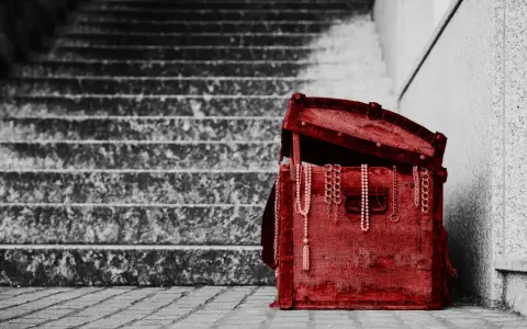 Czerwona skrzynia z biżuterią, stojąca na schodach. To pamiątka, spadek po rodzicach, pełen wspomnień.
