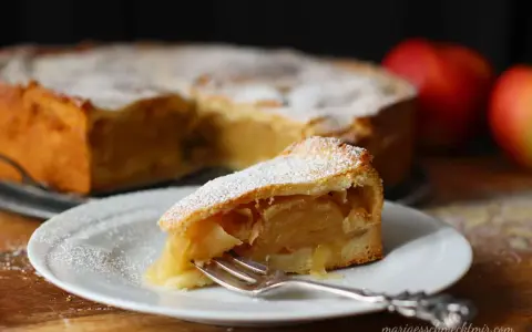 Ein Stück von einem köstlichen, mit Puderzucker bestäubten gedeckten Apfelkuchen liegt auf einem Teller. Daneben ein ganzer Kuchen und Äpfel.