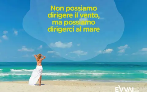 Donna sulla spiaggia, con il mare turchese sullo sfondo. "Non possiamo dirigere il vento, ma possiamo dirigerci al mare" è scritto in giallo. Qui Salento.