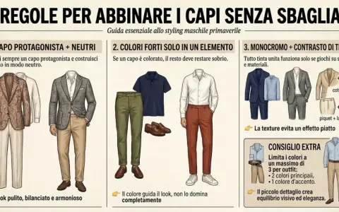 Illustrazione di vari tipi di outfit maschili primaverili, con consigli su abbinamenti di colori e texture per creare look equilibrati.