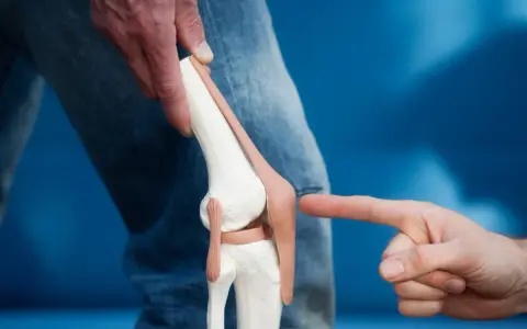 Model anatomiczny kolana, na który wskazuje palec, na tle niebieskim.