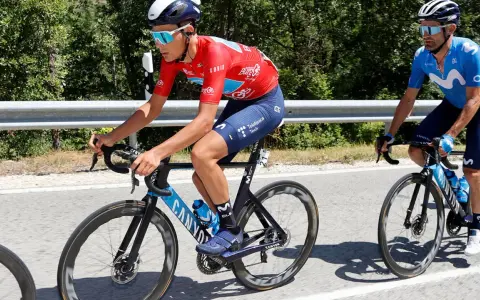 Cyclists in red and blue vuelta jerseys race on a sunny road, with lush green trees lining the background.