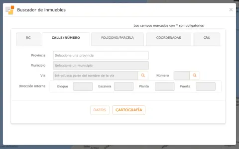 Buscador de inmuebles para un catastro virtual. Campos para introducir dirección, provincia, municipio y otros datos.
