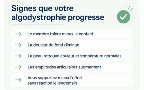 Signes d'amélioration de l'algodystrophie : membre tolérant mieux le contact, douleur diminuée, peau normale, amplitudes articulaires accrues, meilleure tolérance à l'effort.