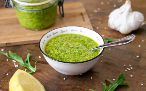 Frisches Rucola Pesto in einer Schüssel, daneben Zitrone, Knoblauch und Rucolablätter.