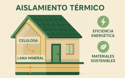Casa **passive house** con aislamiento de celulosa y lana mineral, promoviendo eficiencia energética y materiales sostenibles.