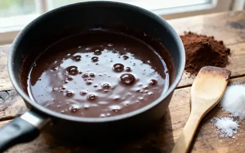 Une casserole de chocolat fondant, avec du cacao en poudre et du sucre à côté, prêt à faire fondre du chocolat pour un dessert gourmand.