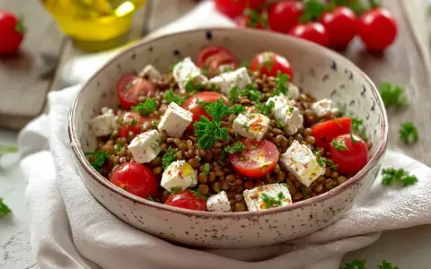 Ein köstlicher Linsensalat mit Feta, Kirschtomaten und frischer Petersilie, garniert mit Gewürzen.