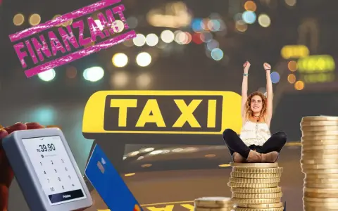 Glückliche Frau auf Münzstapeln vor einem Taxi-Schild. Ein Zahlungsterminal zeigt 39,90 R$. Die **Wartezeit** und **Kosten** für ein **Taxi** sind hier wohl gut investiert.