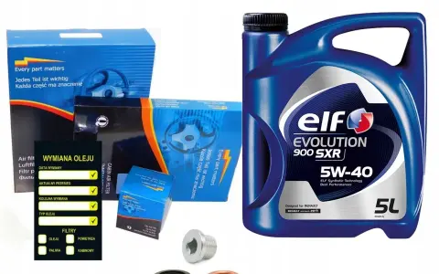 Olej Elf Evolution 900 SXR 5W-40 5L, idealny do silnika MWM Renault. Zestaw zawiera filtry i akcesoria.
