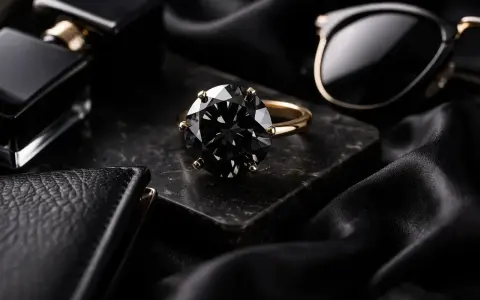 Elegancki pierścionek z czarnym kamieniem szlachetnym, obok flakonika perfum i okularów. Czarne kamienie szlachetne nazwy: diament, spinel, turmalin.