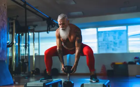Ein Mann mit Bart und Tattoos hebt eine Hantel. Er zeigt, dass Muskelaufbau mit 70 Jahren möglich ist.
