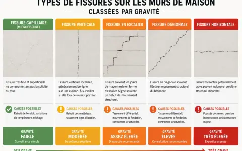 Guide des fissures maison : capillaires, verticales, en escalier, diagonales, horizontales. Chaque type de fissures est classé par gravité, de faible à très élevée.