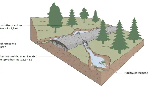 Schema zur Gestaltung einer Sickermulde mit Sedimentationsbecken und abflussbremsenden Strukturen.