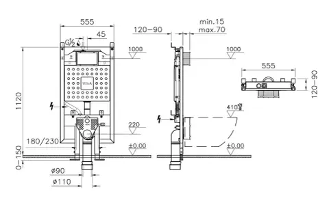 Schemat techniczny stelaża podtynkowego. Widoczne geberit slim wymiary: wysokość 1120 mm, szerokość 555 mm, głębokość 120-90 mm.