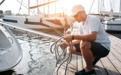 Un homme prépare une corde sur un ponton, près d'un bateau. Il manipule le cordage, peut-être pour un système de poulie.