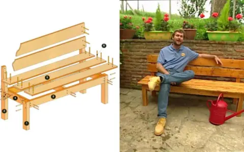 Diagrama de cómo hacer un banco de madera sencillo. Un hombre se sienta en un banco de madera terminado junto a una regadera roja.