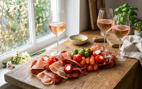 En härlig bricka med charkuterier, oliver och fyllda paprikor, perfekt mat till Valborg. Rosévin i glasen skapar festlig stämning.