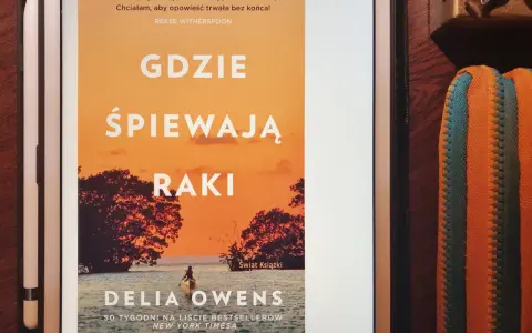 Dziewczyna z bagien na okładce książki "Gdzie śpiewają raki". Samotna postać w kajaku na tle zachodzącego słońca.