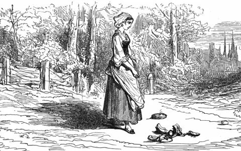 Une jeune femme en robe longue et coiffe, pieds nus, laisse tomber ses chaussures. Un gros jean comme devant, dans un paysage bucolique avec des tours à l'horizon.