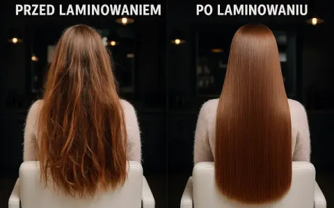 Przed i po laminacji włosów: zniszczone, puszące się włosy zamieniają się w gładkie, lśniące i zdrowe.