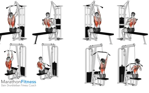 Mann und Frau trainieren Rückenmuskeln am Latzugturm im Gym. Ein effektiver pull workout für den Latissimus.