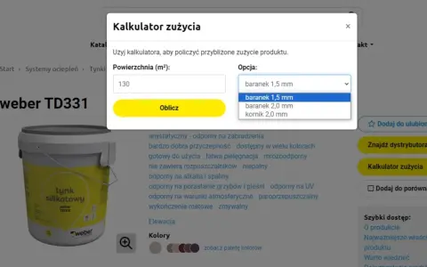 Kalkulator zużycia tynku silikonowego 25 kg. Wpisz powierzchnię 130 m² i wybierz opcję baranek 1,5 mm, aby obliczyć potrzebną ilość.