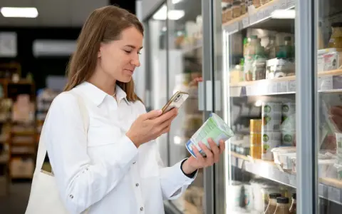 Kobieta w białej koszuli trzyma jogurt i telefon, analizując produkt w sklepie.