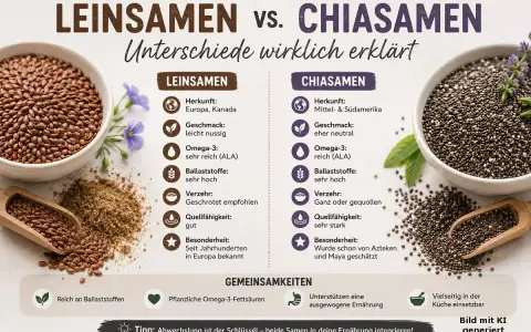 Leinsamen sind gesund und reich an Omega-3. Die Grafik vergleicht sie mit Chiasamen und zeigt ihre Vorteile für eine ausgewogene Ernährung.