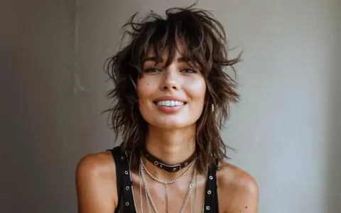 Mujer con un moderno corte mullet, sonriendo con confianza.