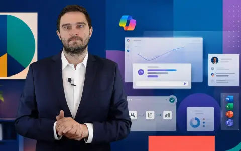Mężczyzna w garniturze prezentuje możliwości Copilot Studio, pokazując interfejsy z wykresami i przepływami pracy.