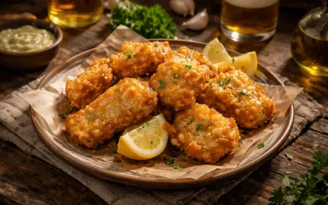 Crujientes trozos de bacalao rebozado, servidos con gajos de limón y perejil picado. Perfectos para acompañar una cerveza fría.