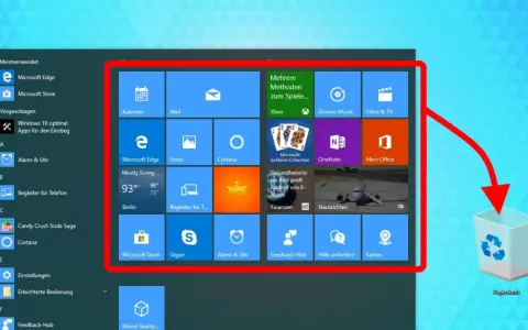 Windows 11: Startmenü mit Apps, die man deaktivieren kann. Ein Pfeil zeigt auf den Papierkorb.